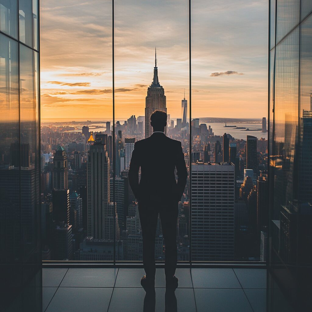 Silhouetted businessman overlooking city skyline at sunset